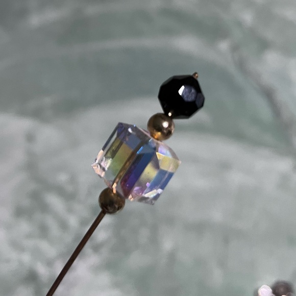 Vintage Aurora Borealis Hat Pin – Faceted Crystal Stickpin, 4” - Picture 10 of 11